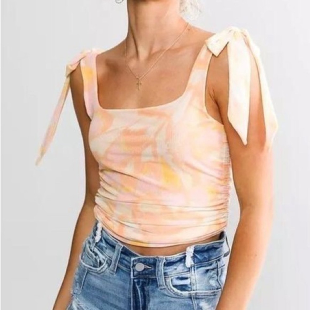Free People Avenue Tank Top Pink Orange Tie Strap Crop Ruched Mesh Size Small